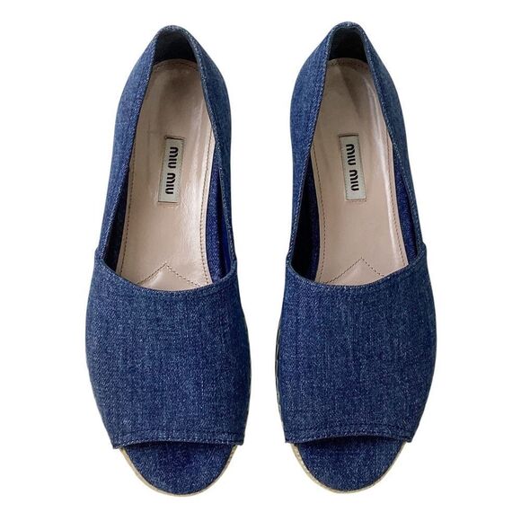 MIU MIU Size 39.5 Peep-Toe Blue Denim Platform Espadrille Sandals Slip On - Picture 11 of 11